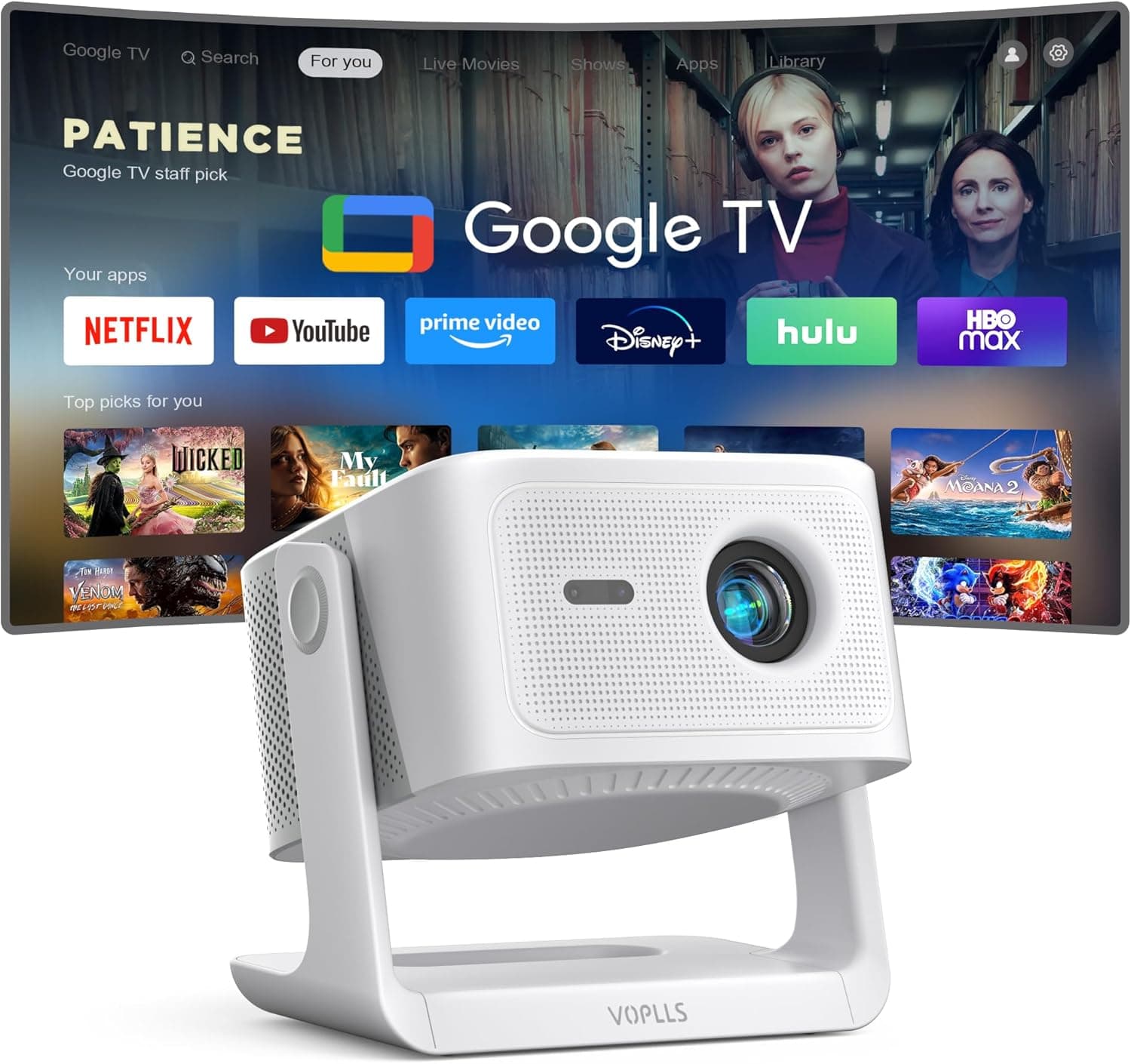 【Official Licensed Google TV】4K Smart Projector with WiFi and Bluetooth, VOPLLS Outdoor Projectors with Dolby/Auto Focus, Portable Movie Phone Wireless Gaming Wifi Proyector for Bedroom/Home/Celling